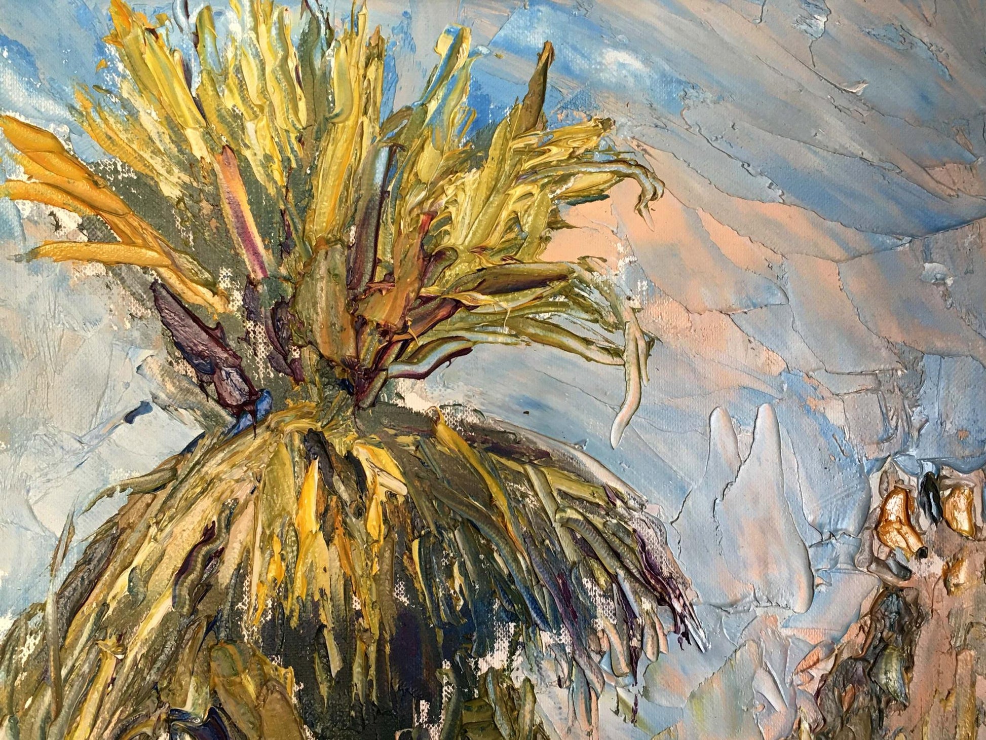 Oil painting Palm: textured impressionistic palm tree in yellow, green, blue, peach