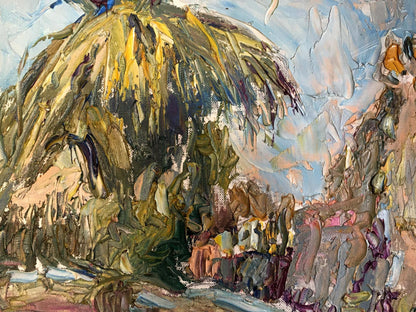 Oil painting Palm: textured thatched roof in yellows, greens, browns on blue sky