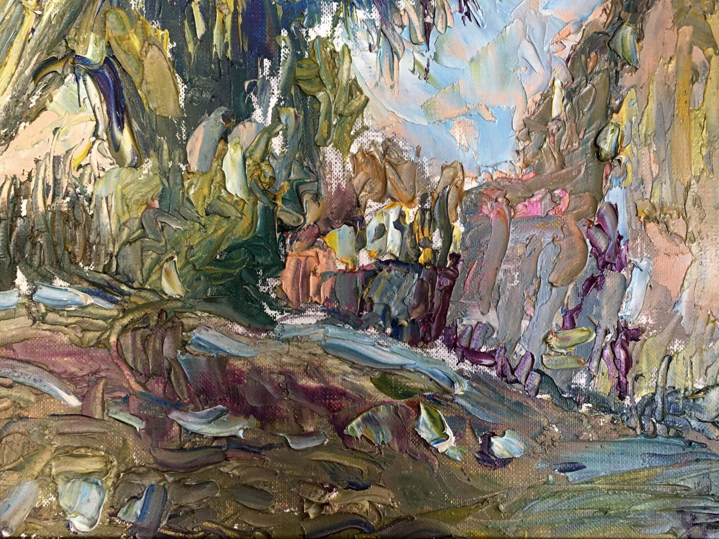 Oil painting Palm: textured impasto landscape in earthy greens and blues