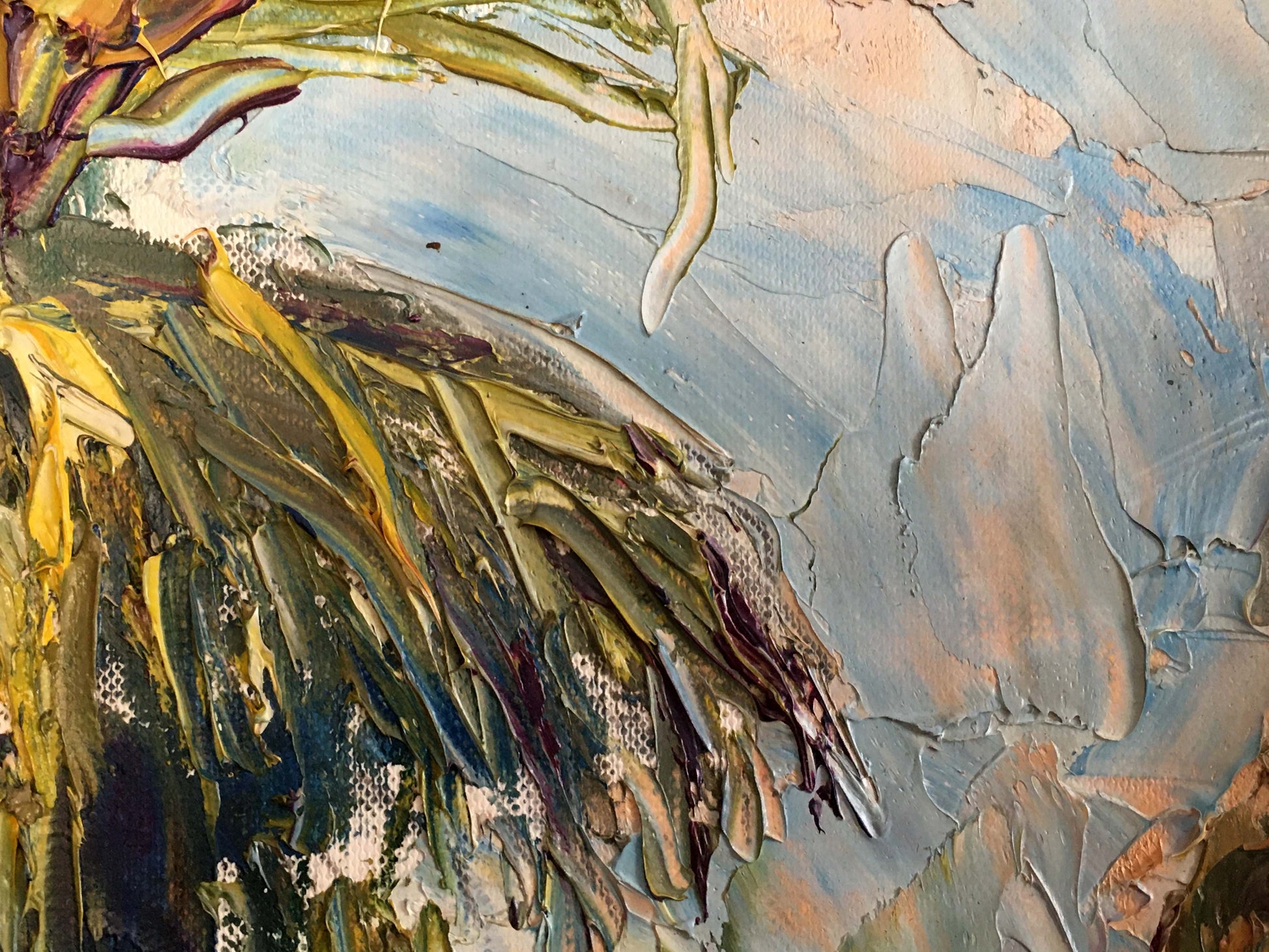 Textured oil painting Palm abstract with thick yellow green blue strokes