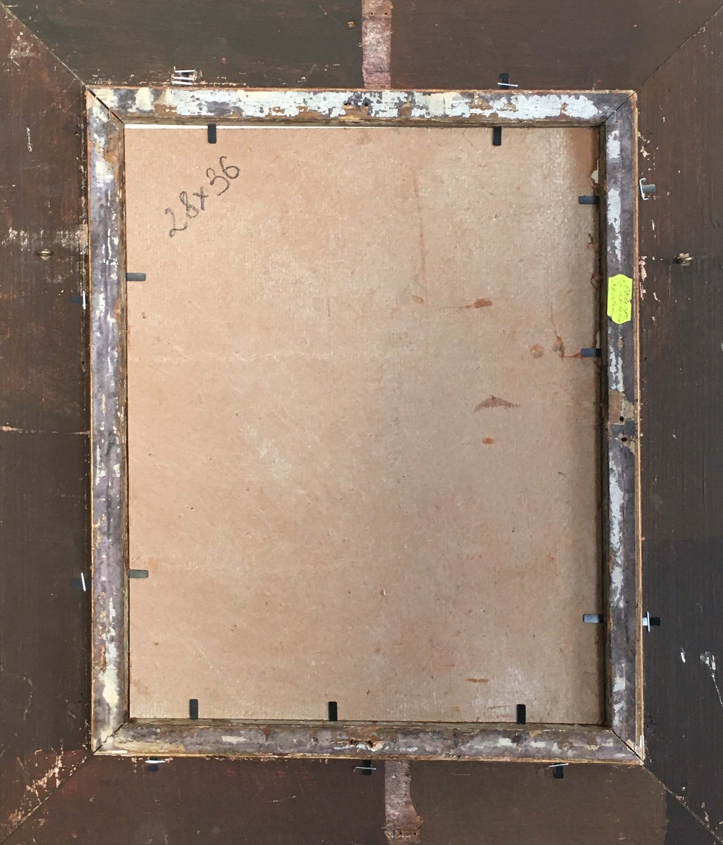 Back of Oil painting Palm: weathered metal frame, peeling paint, 28x36 beige board