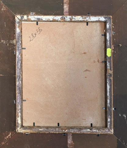 Back of Oil painting Palm: weathered metal frame, peeling paint, 28x36 beige board