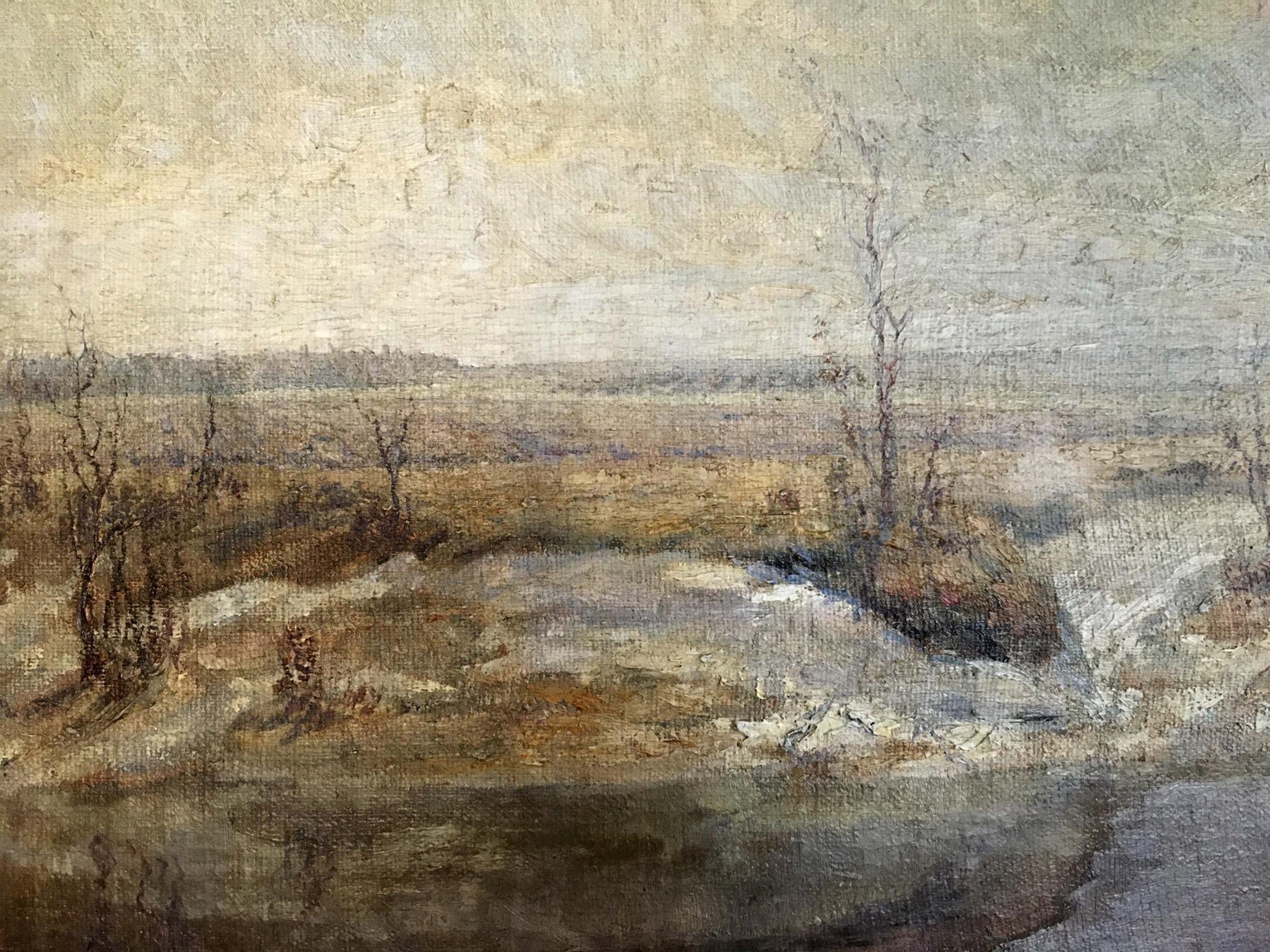 Oil painting Fall has come by Popov Alexey Alekseevich: muted landscape with bare trees, river