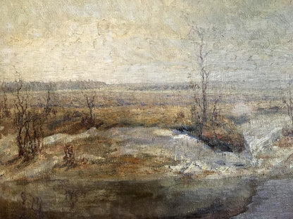 Oil painting Fall has come by Popov Alexey Alekseevich: muted landscape with bare trees, river