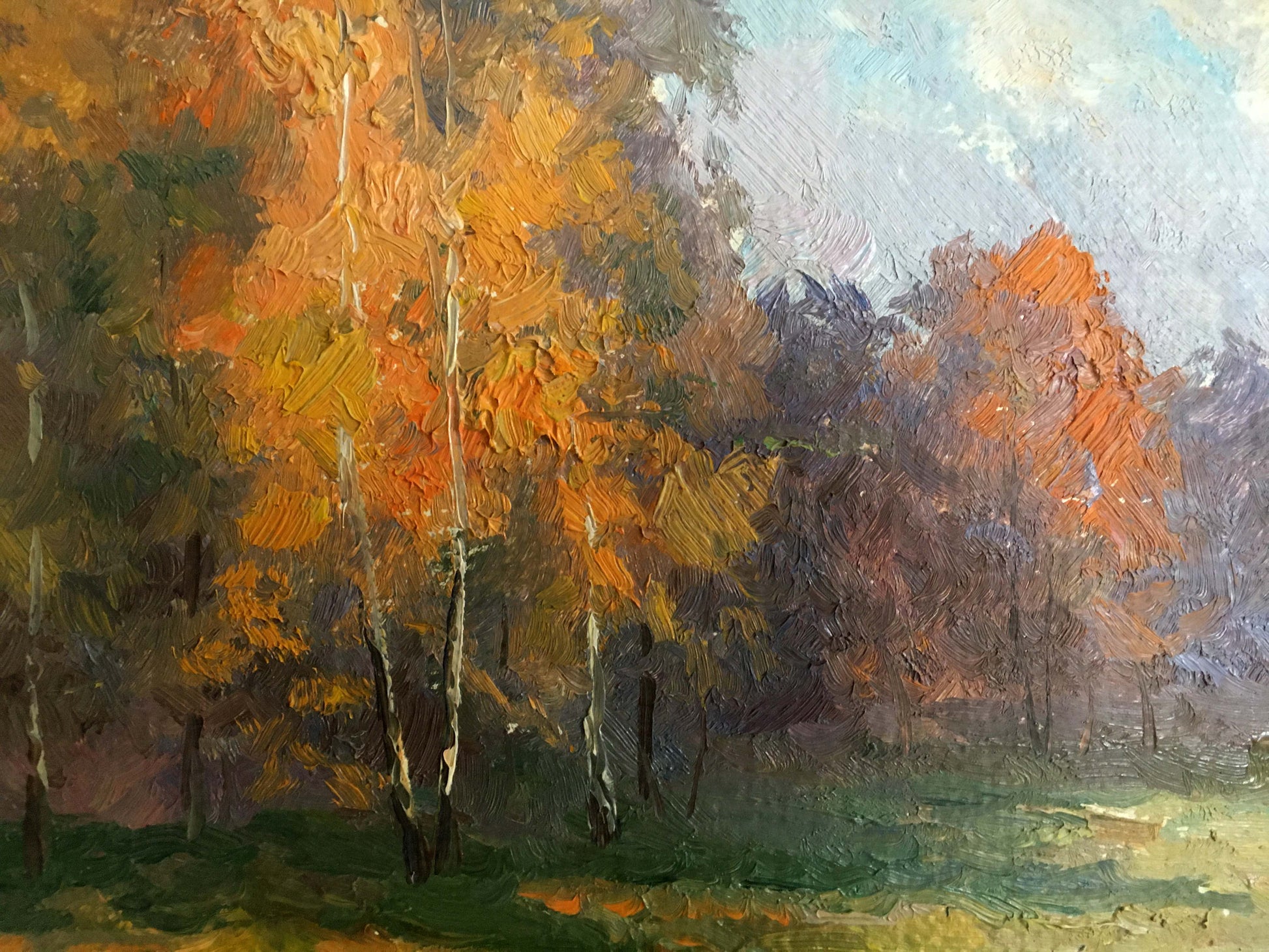 Oil painting of autumn trees in orange yellow leaves by Priyezzhev Boris Andrianovich