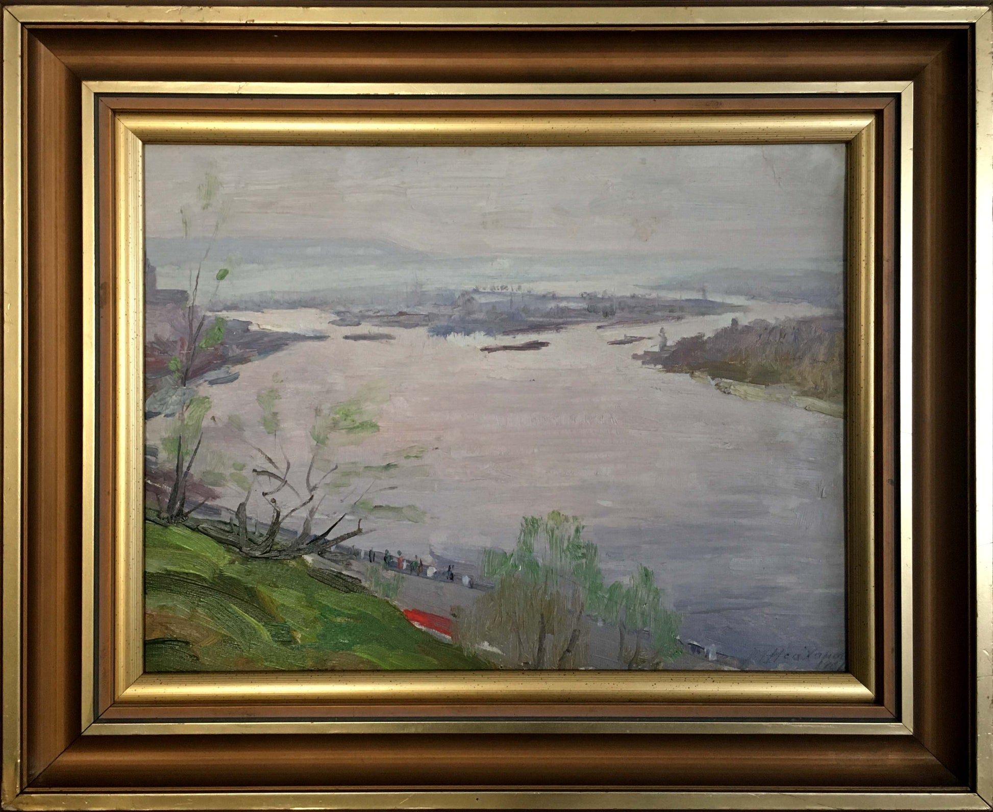 Framed impressionist oil painting of river landscape by Isakhanov M. S