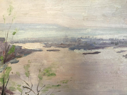 Oil painting of river landscape by Isakhanov M. S. in muted earth tones