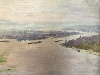 Oil painting River landscape by Isakhanov M. S. muted impressionistic view