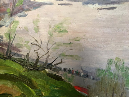 Oil painting by Isakhanov M.S.: textured green hillside with bare trees and path