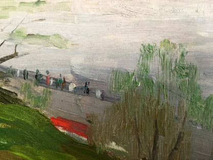Oil painting of river landscape by Isakhanov M.S. with figures on path by trees