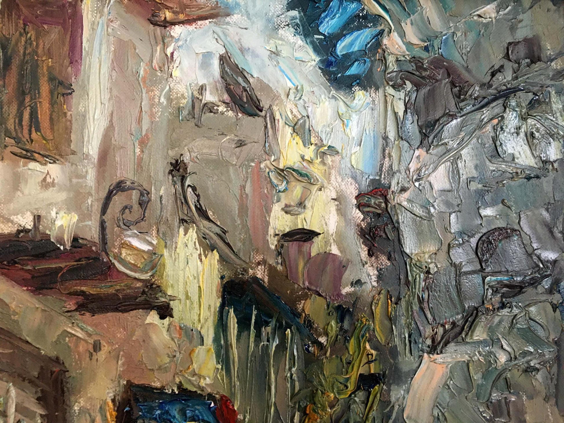 Abstract Rainy Day oil painting with impasto grays, blues, yellows