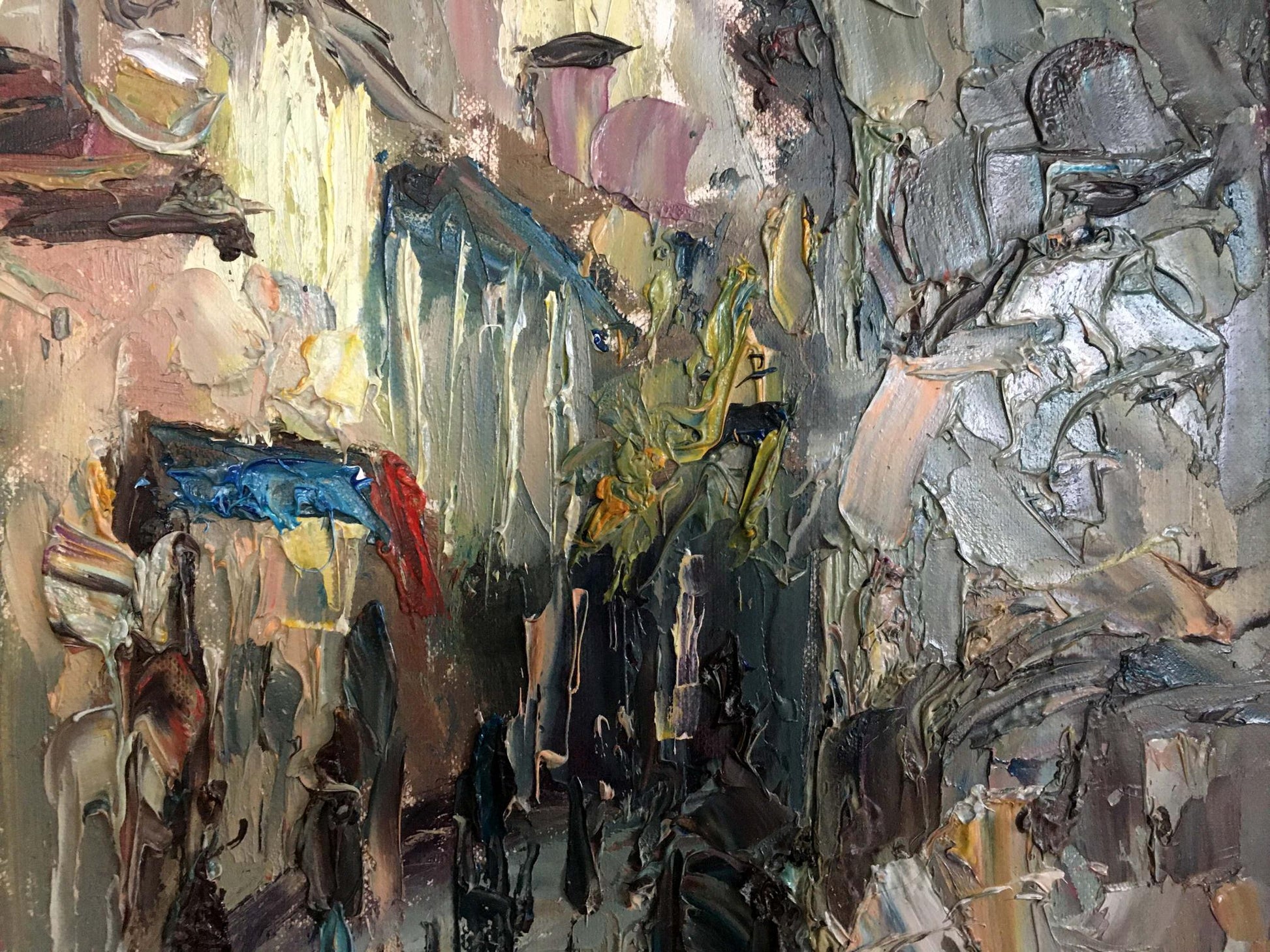 Abstract Rainy Day oil painting with textured grays, blues, red pops