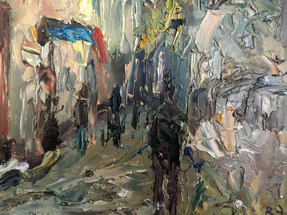 Abstract oil painting Rainy day with thick impasto in grays and blues
