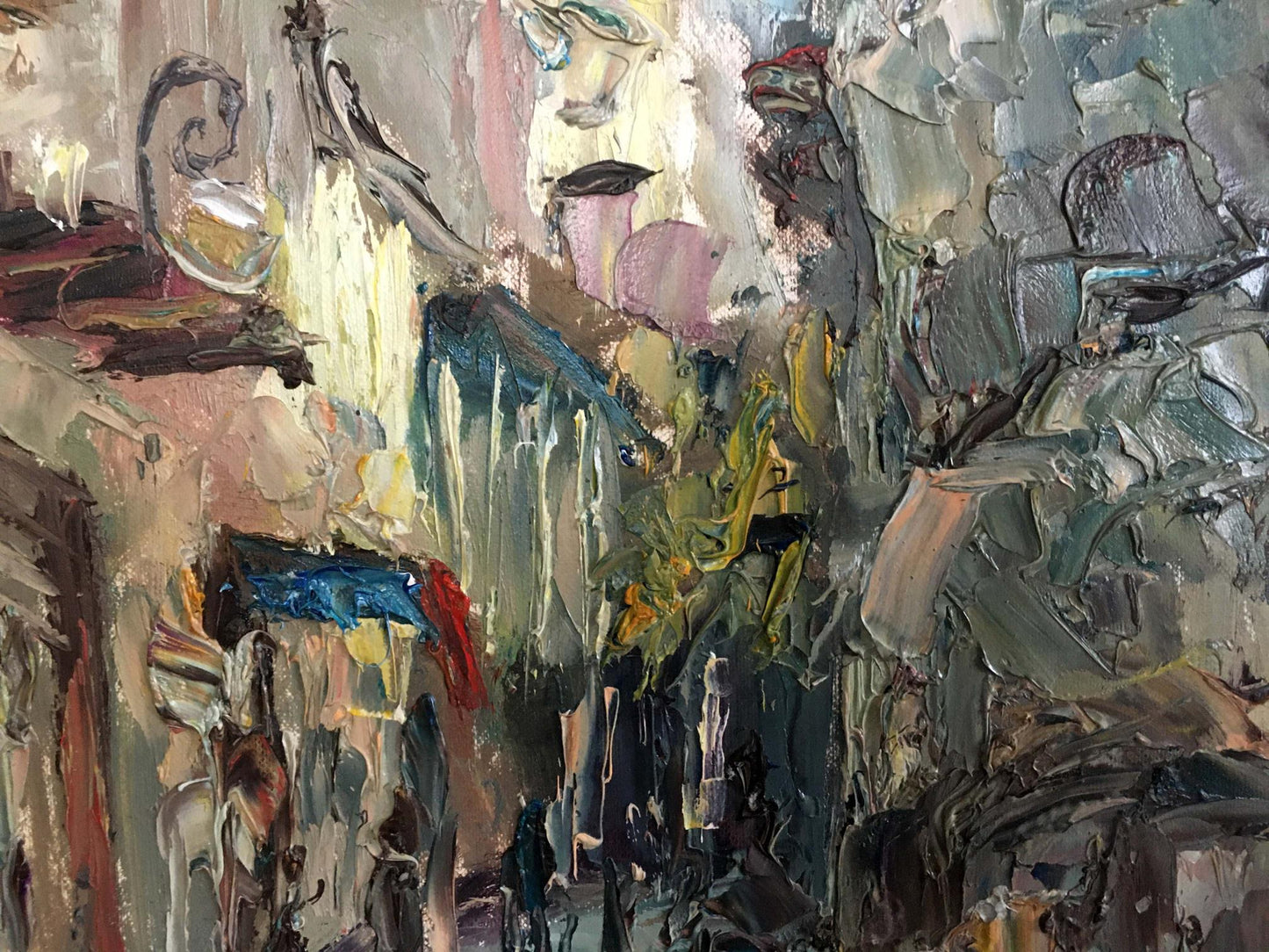 Abstract oil painting Rainy Day with textured grays, blues, greens