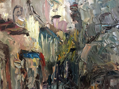 Abstract oil painting Rainy Day with textured grays, blues, greens