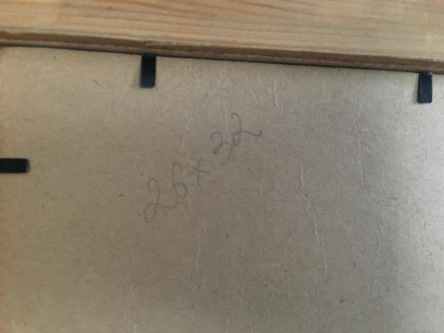Back of Abstract oil painting Rainy day with beige cardboard, handwritten markings, black plastic fasteners