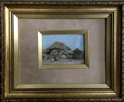 Oil painting of rustic thatched hut by Ivan Andreevich Pelevin