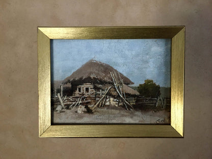 Oil painting of rustic thatched hut by Ivan Andreevich Pelevin