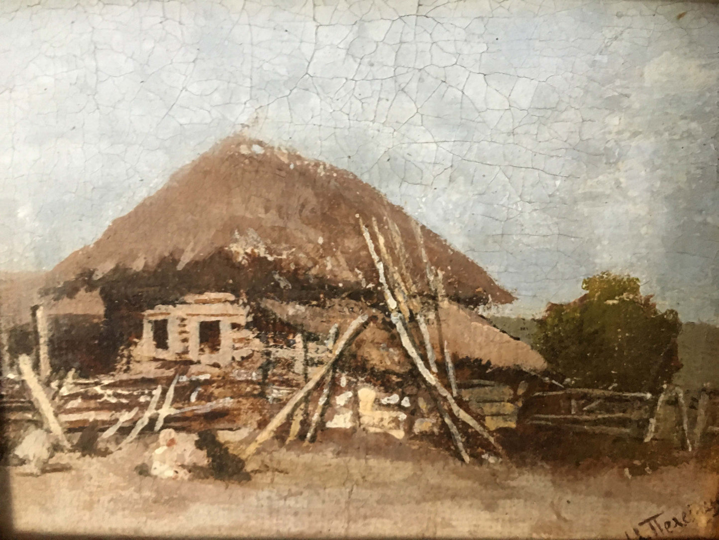 Oil painting of rustic thatched-roof cottage by Ivan Andreevich Pelevin