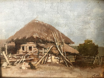 Oil painting of rustic thatched-roof cottage by Ivan Andreevich Pelevin