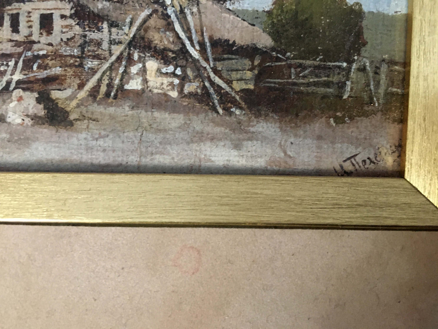 Oil painting of thatched farmhouse by Ivan Andreevich Pelevin in wood frame