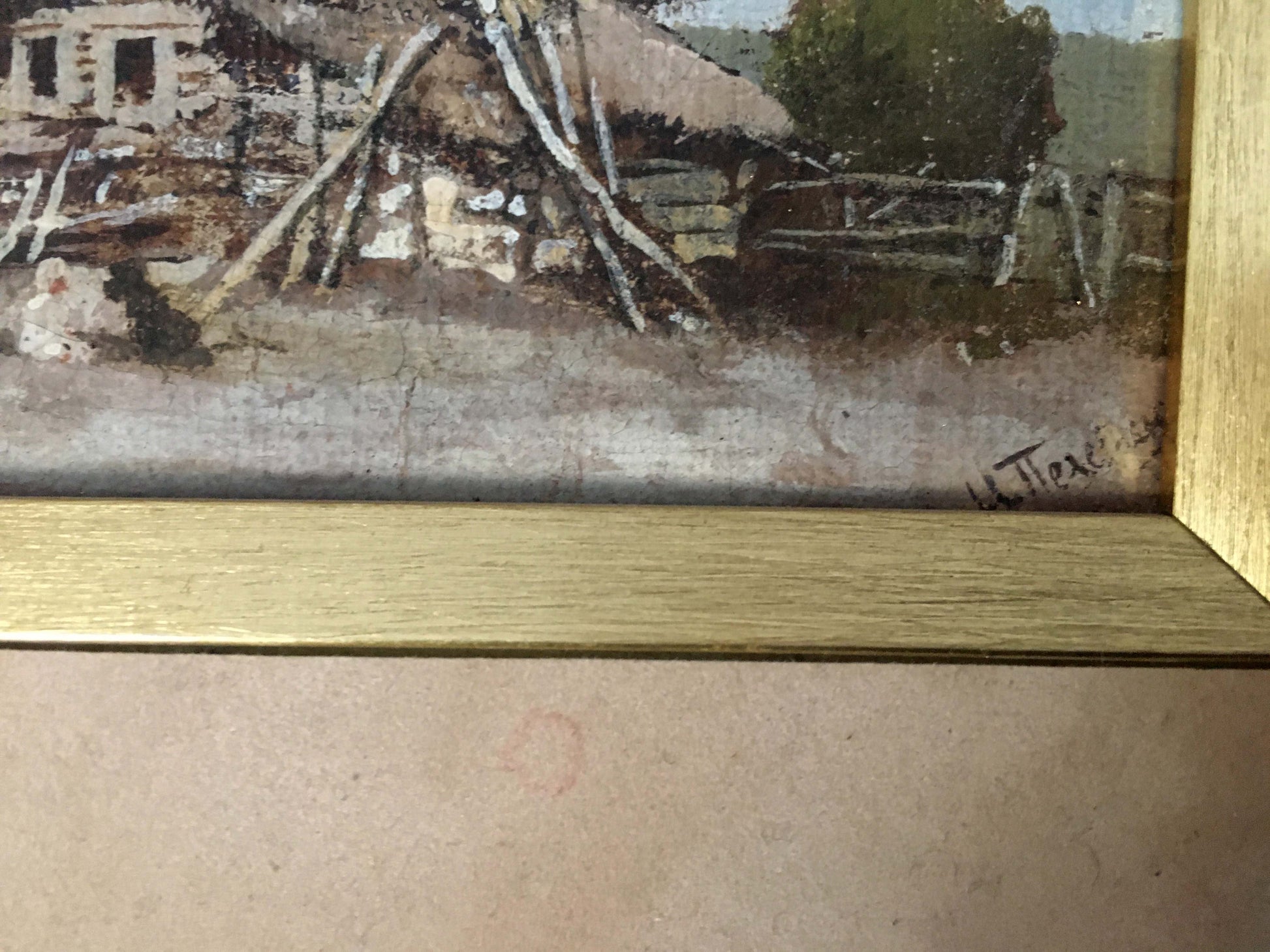 Oil painting of thatched farmhouse by Ivan Andreevich Pelevin in wood frame