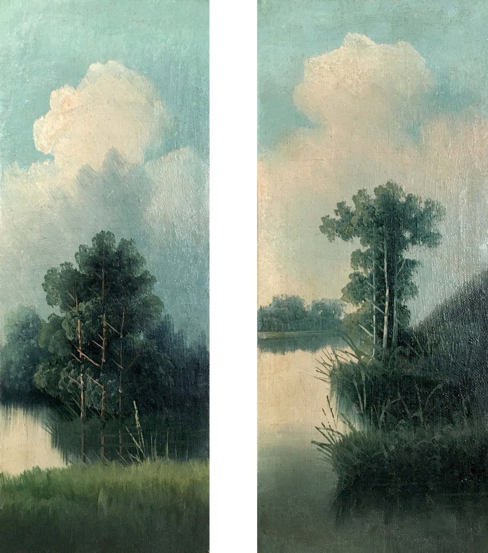 Two oil paintings of serene lakeside landscapes with green trees and reflective water