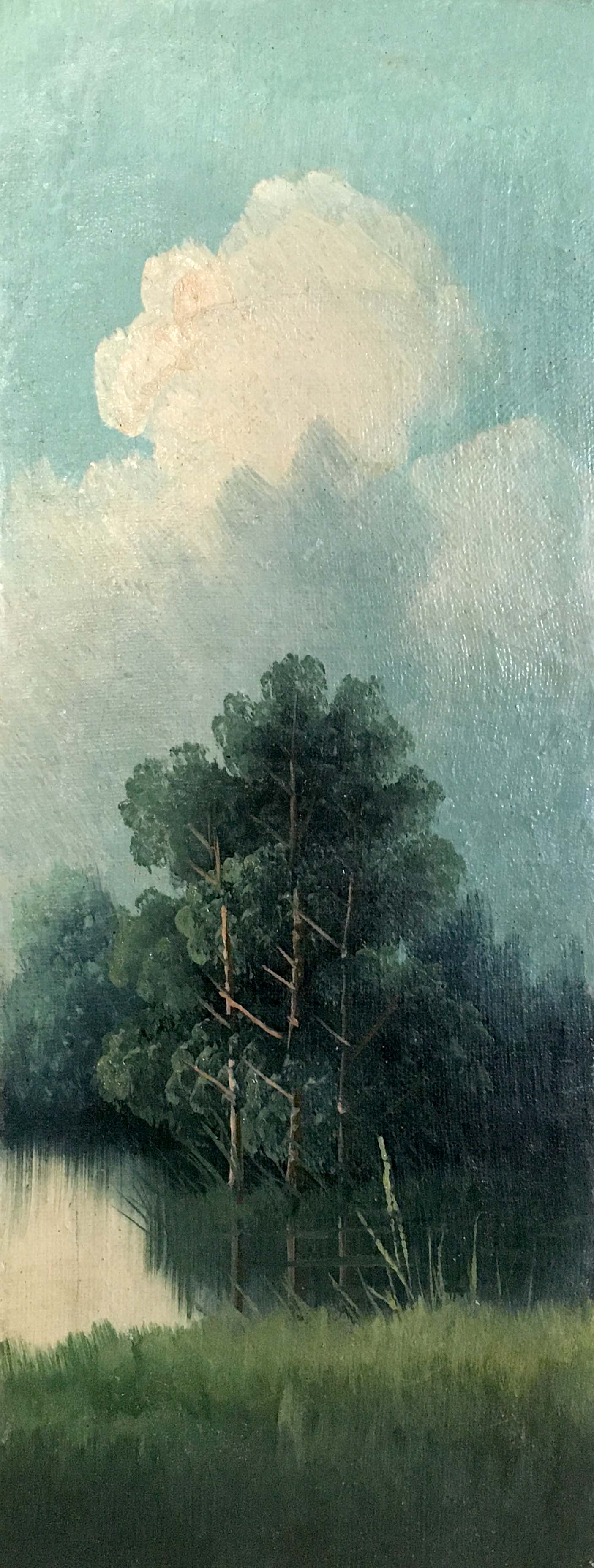 Two oil painting of lush dark green pine tree against blue sky with clouds