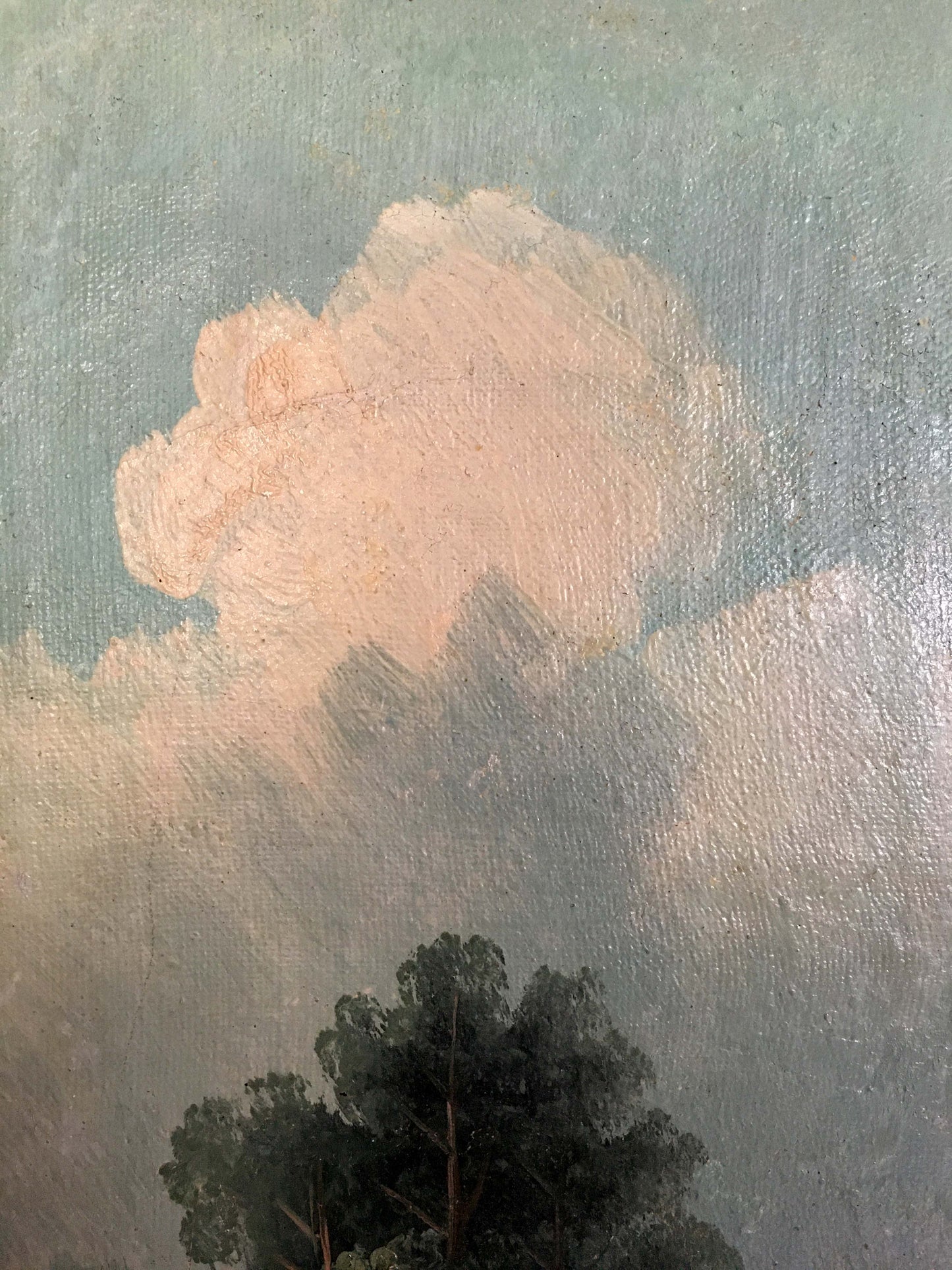 Two oil painting natural landscape: soft peach cloud with brushstrokes on blue sky