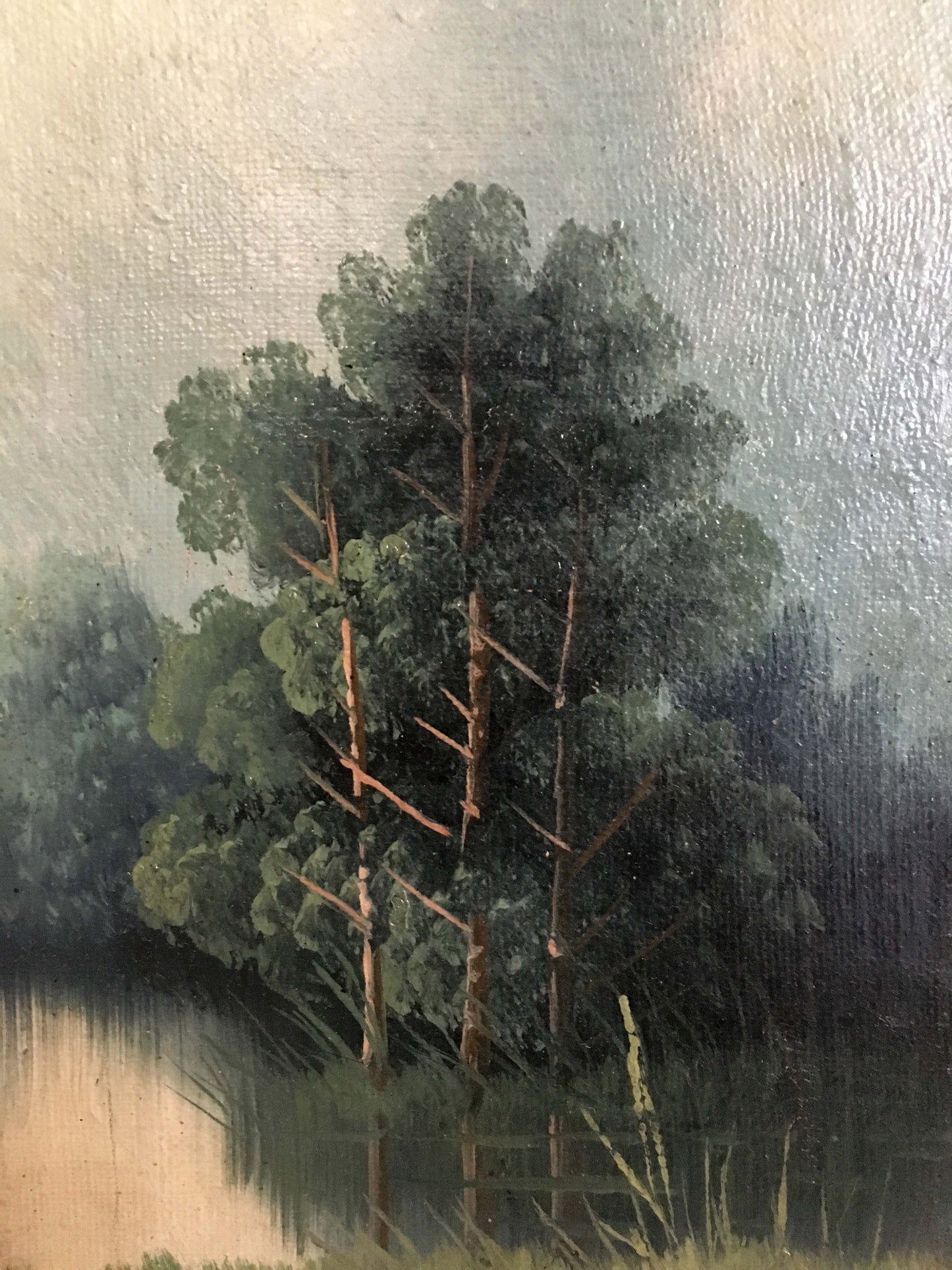 Two oil paintings of textured pine trees in natural landscape