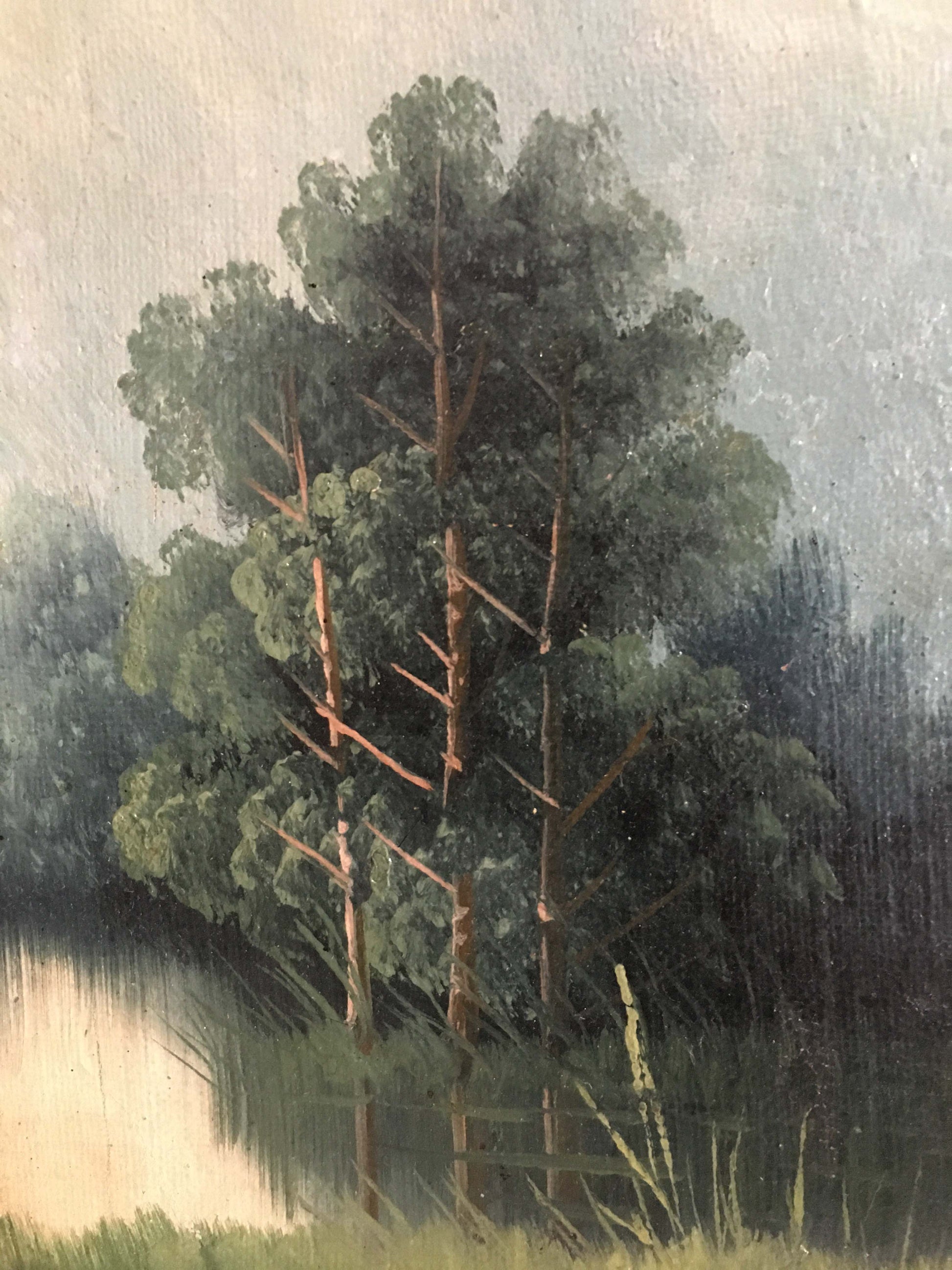 Two oil painting natural landscape of tall dark green pine trees