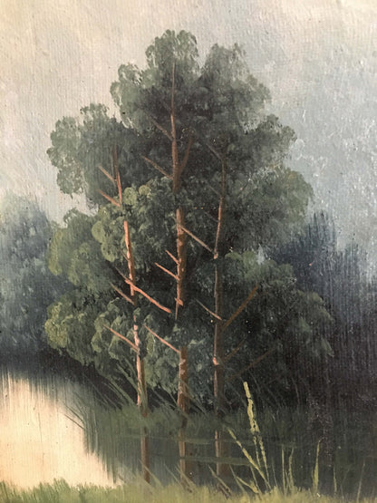 Two oil painting natural landscape of tall dark green pine trees