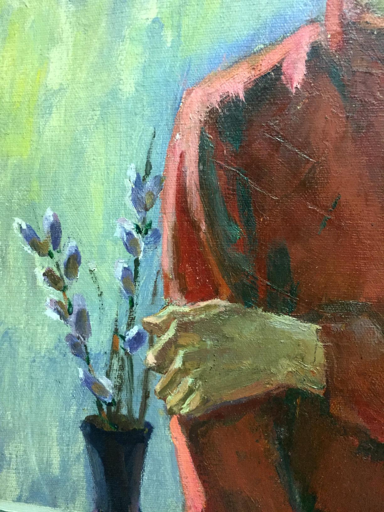 Oil painting portrait of artist Zhabinsky Leonid Andreevich with blue vase of purple flowers