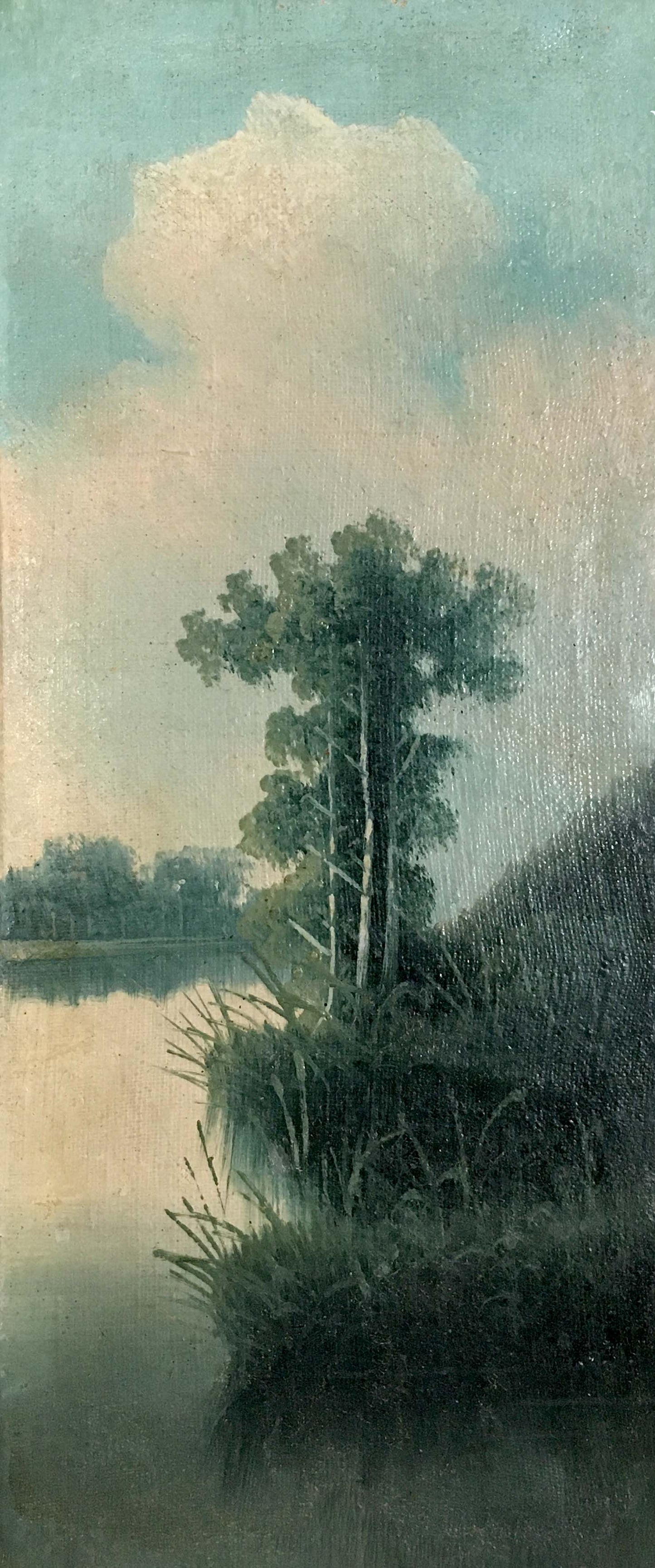 Two oil painting natural landscape with tall leafy tree by calm water