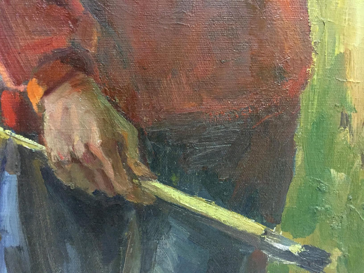 Oil painting of hand holding yellow-handle paintbrush by Zhabinsky Leonid Andreevich