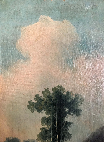 Two oil paintings natural landscape with dark green tree and impressionistic sky