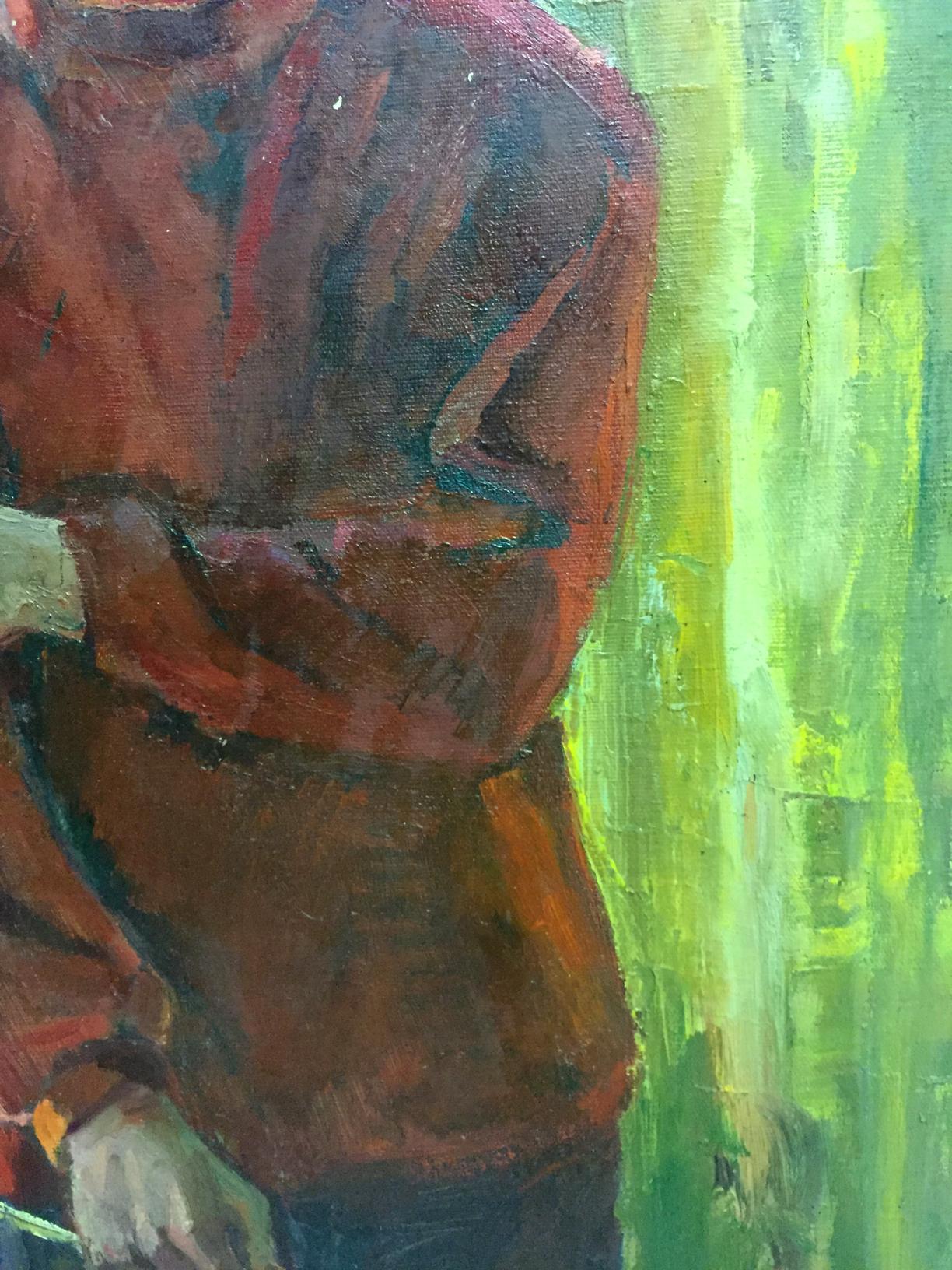 Oil painting portrait of artist Zhabinsky Leonid Andreevich in earthy tones on green