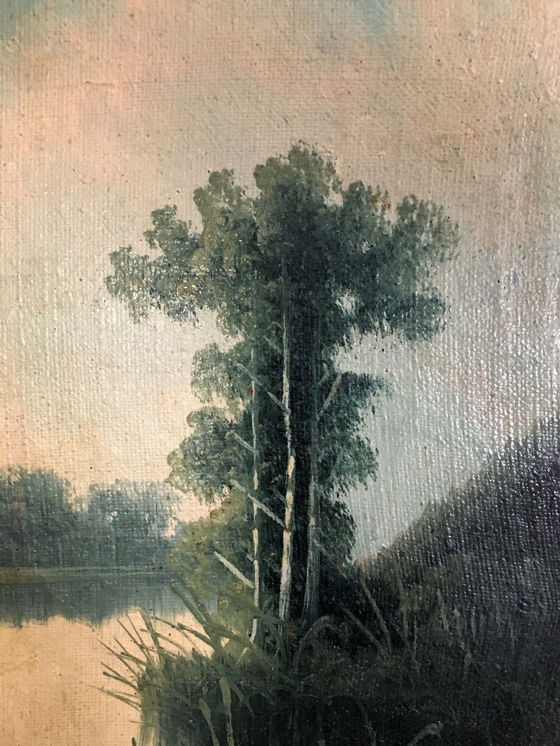 Two oil paintings of tall leafy tree in natural landscape