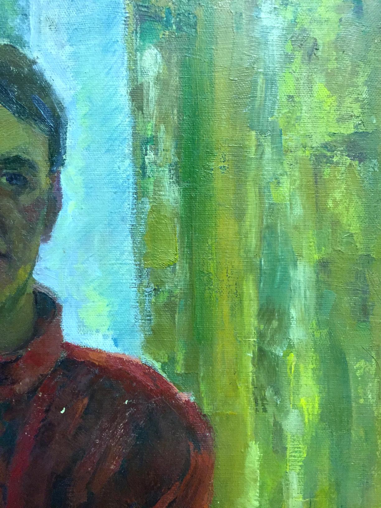 Oil painting portrait of artist Zhabinsky Leonid Andreevich in red shirt