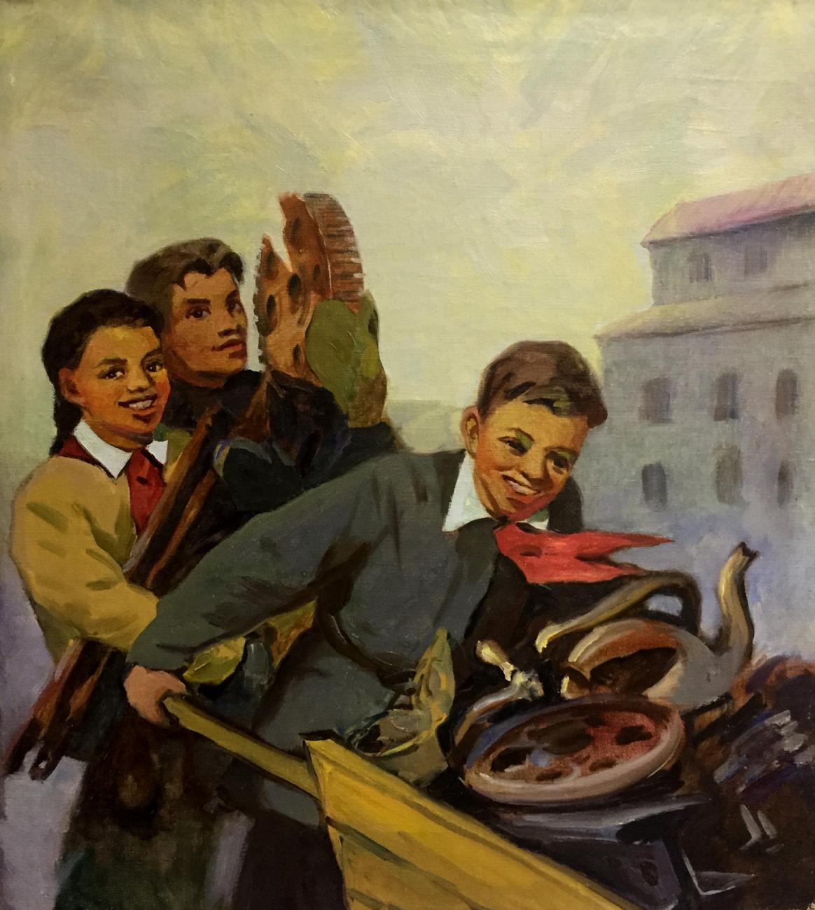 Oil painting After work: three smiling children in vintage attire with red scarf and paddle