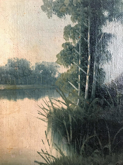 Two oil paintings of serene lakeside with trees and reeds in impressionistic style