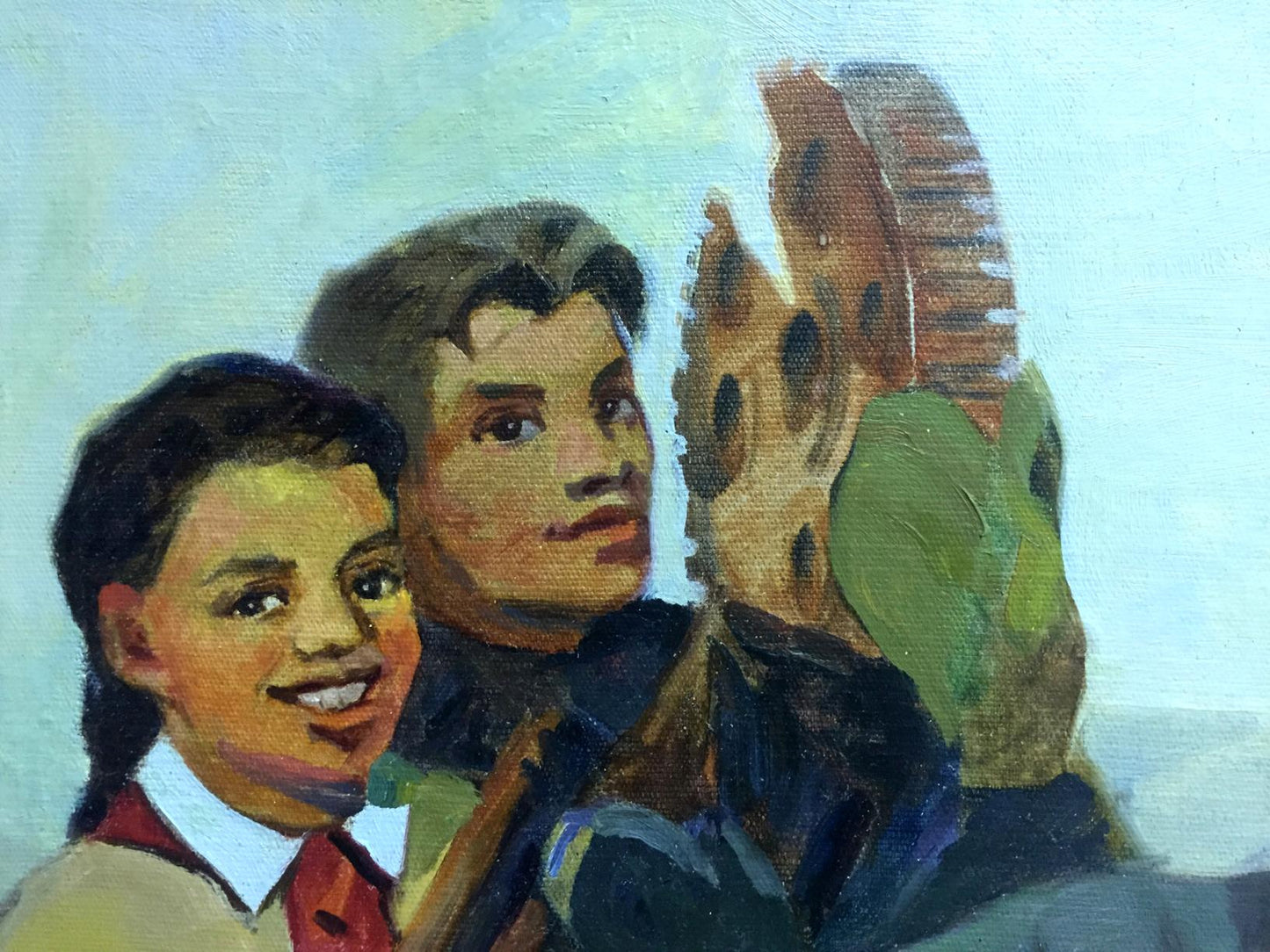 Vintage oil painting After work: two uniformed kids, one smiling with dark hair and red tie
