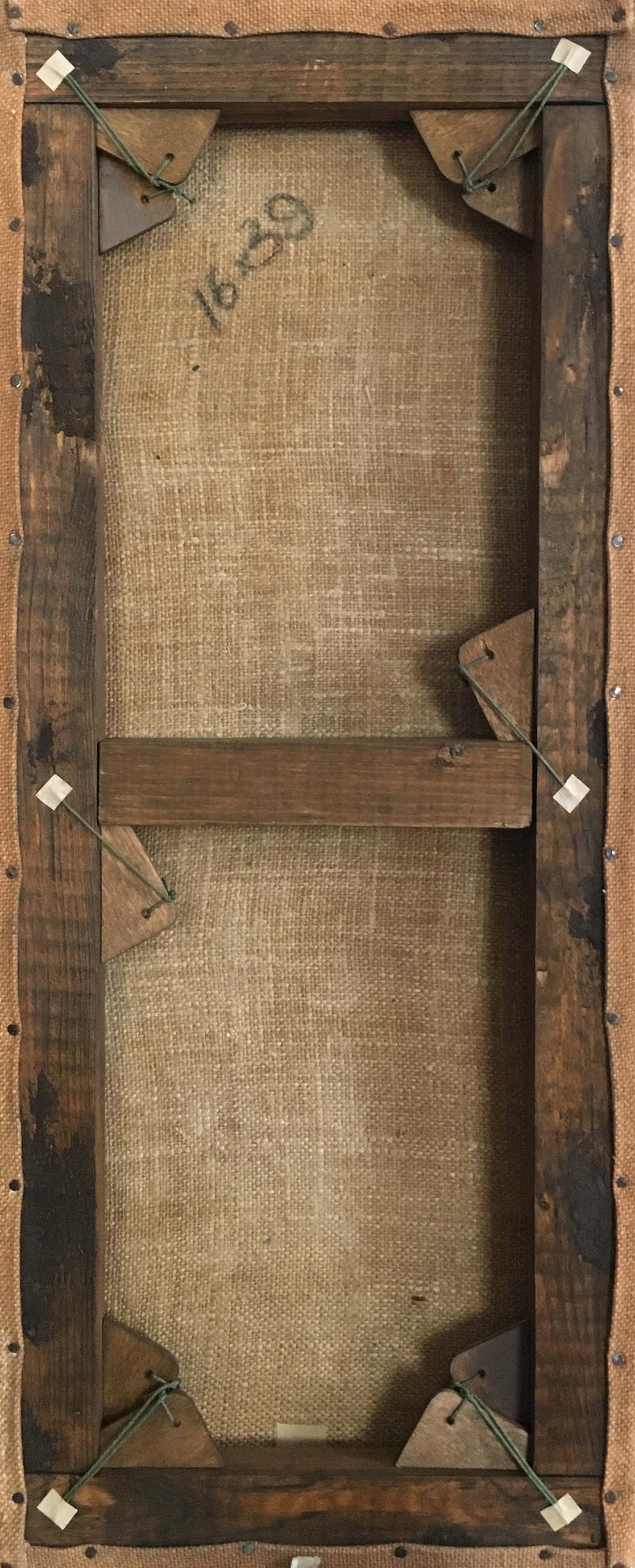 Back of rustic wooden canvas stretcher frame with weathered dark brown wood, burlap backing for Two oil painting Natural landscape