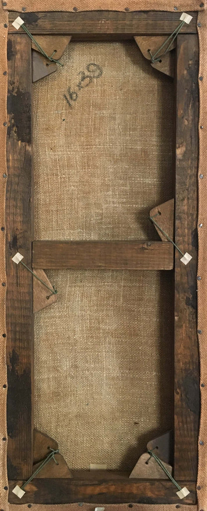 Back of rustic wooden canvas stretcher frame with weathered dark brown wood, burlap backing for Two oil painting Natural landscape