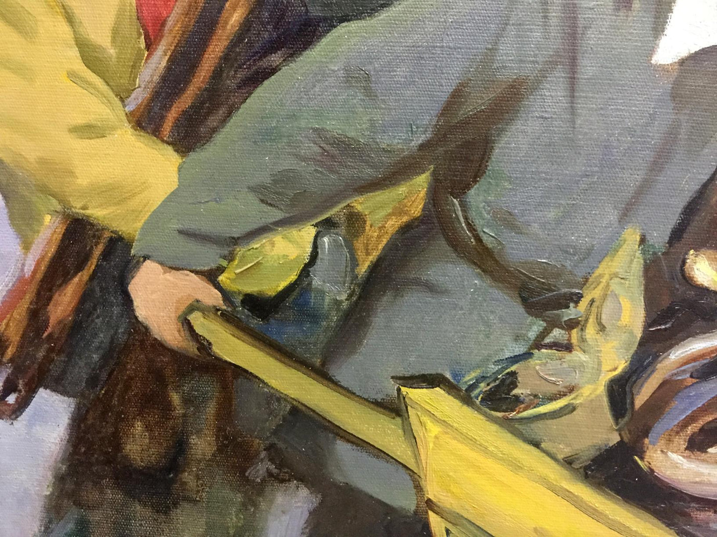 Oil painting After work with bold yellow gray and brown strokes on textured canvas