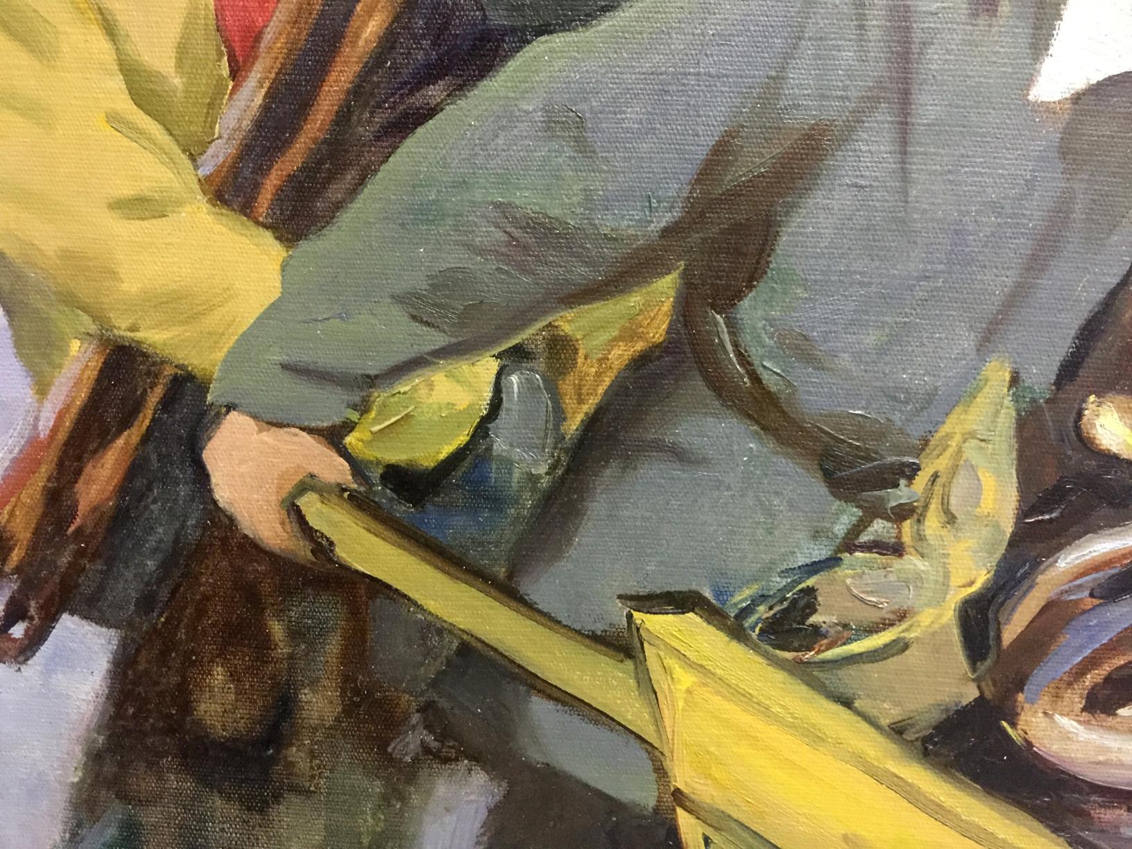Oil painting After work with bold yellow gray and brown strokes on textured canvas