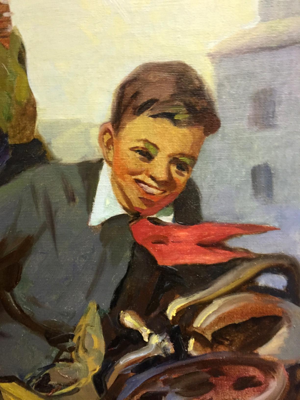 Cheerful boy in dark suit smiling, oil painting After work