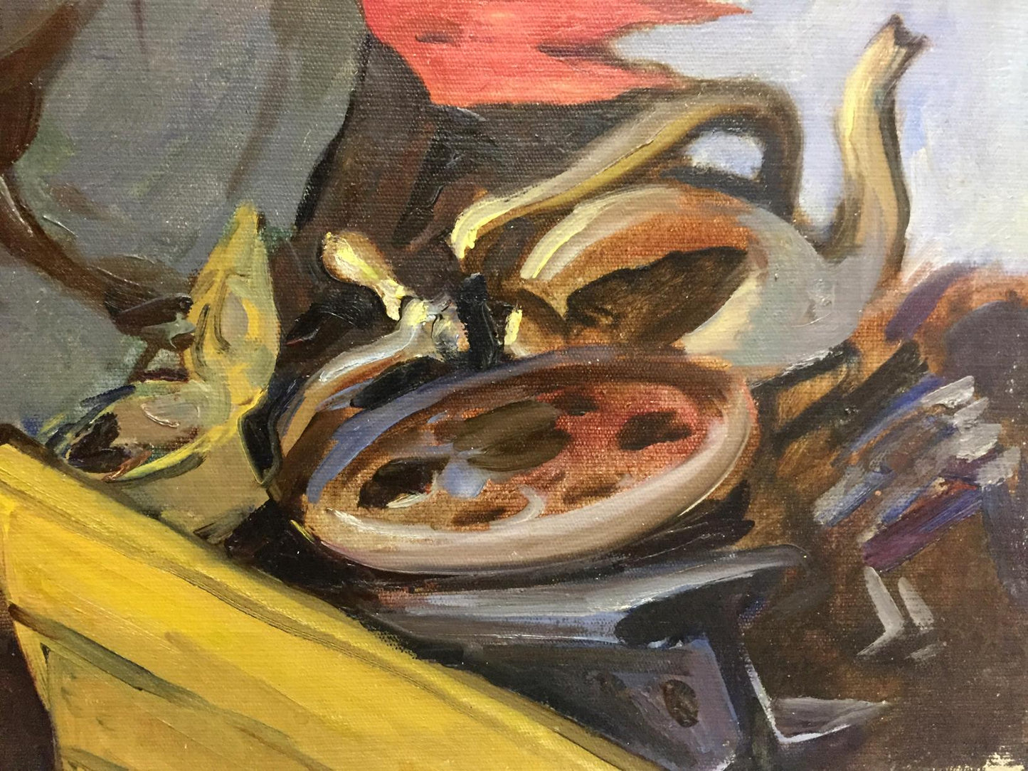 Oil painting After work: painted teapot with curved spout in grays and ochres
