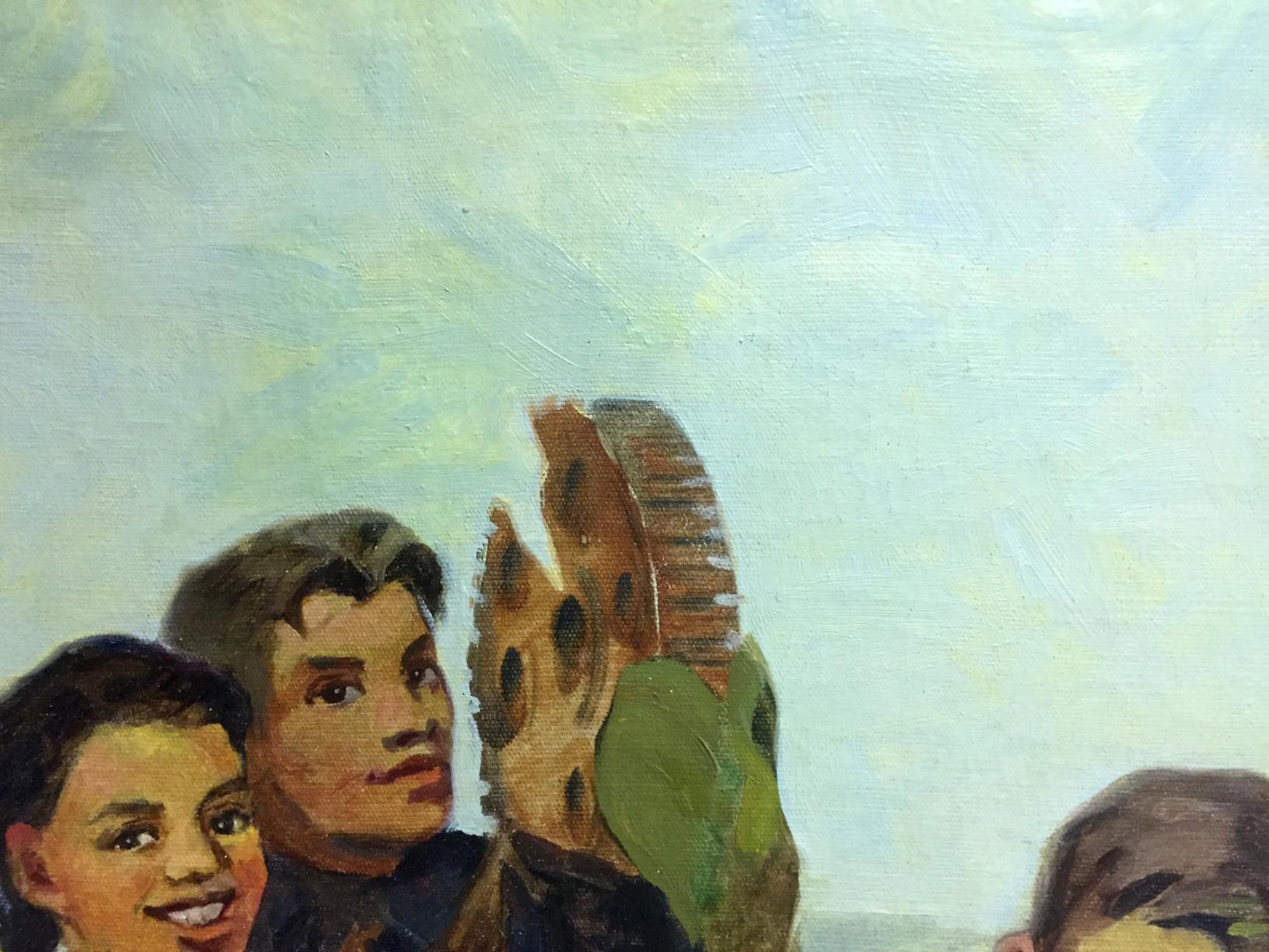 Oil painting After work: person holding brown spotted cookie with green garnish