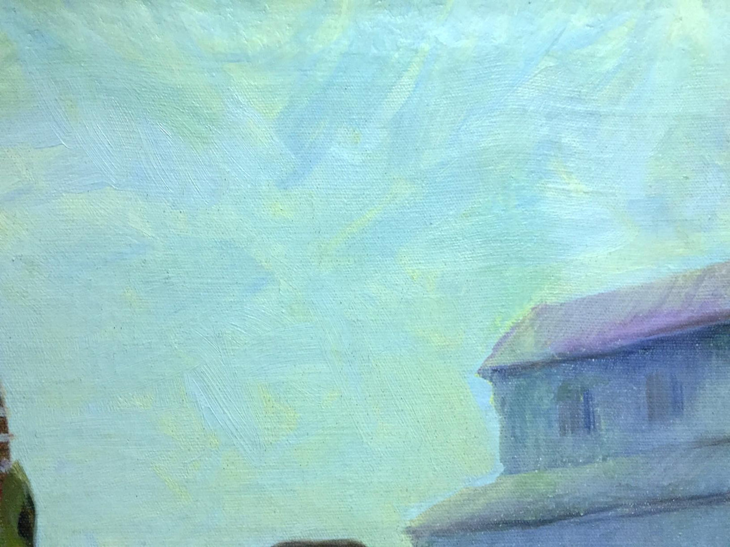 Oil painting After work: soft blue green sky over building with purple roof